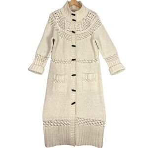 Chunky Knit Fisherman Duster Cardigan Sweater Womens Large Ivory Toggle Button